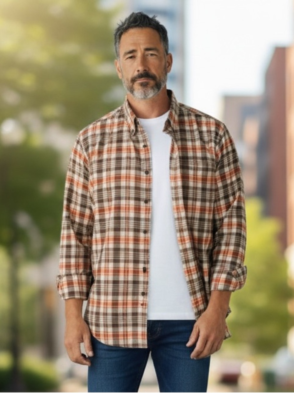 ARROW Men’s Large Brown Orange Plaid Dress Shirt